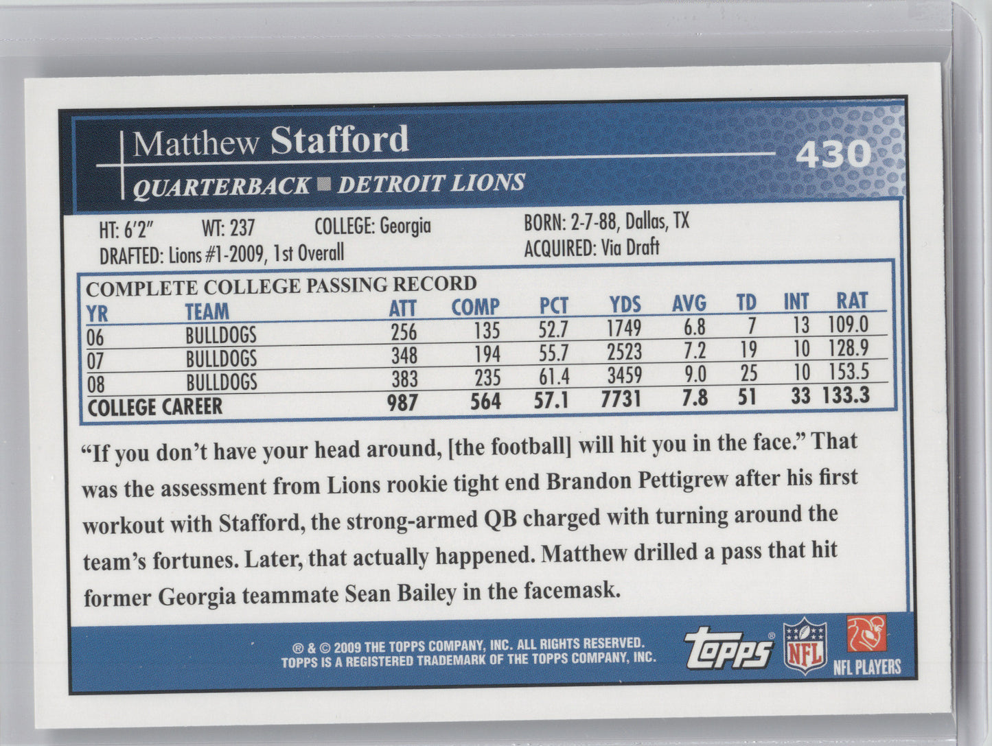 2009 Topps Matthew Stafford #430 Two Hands on Ball RC