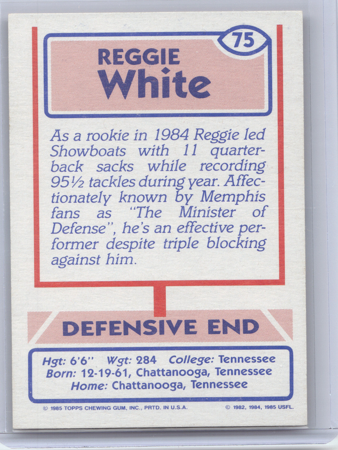 1985 Topps USFL Reggie White #75
