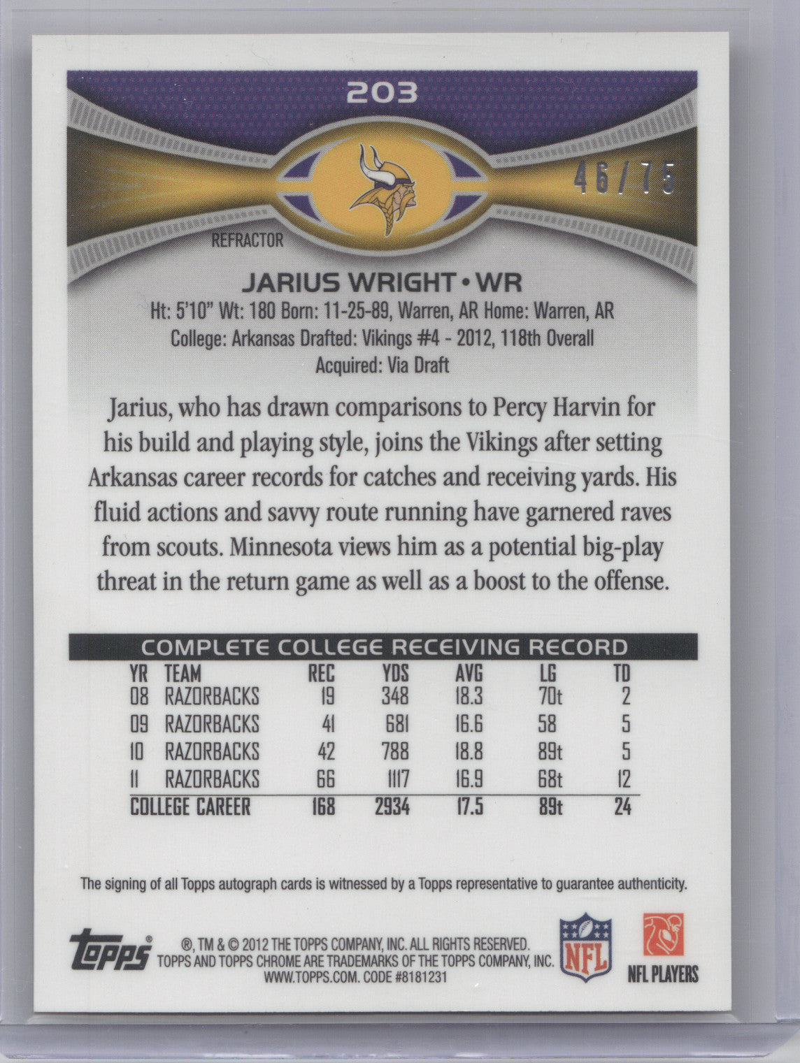 2012 Topps Chrome Jarius Wright #203 Autograph Pink Refractor 46/75 RC