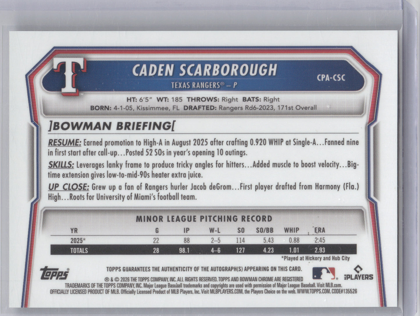 2026 Bowman Chrome Caden Scarborough #CPA-CSC Speckle Refractor 196/299