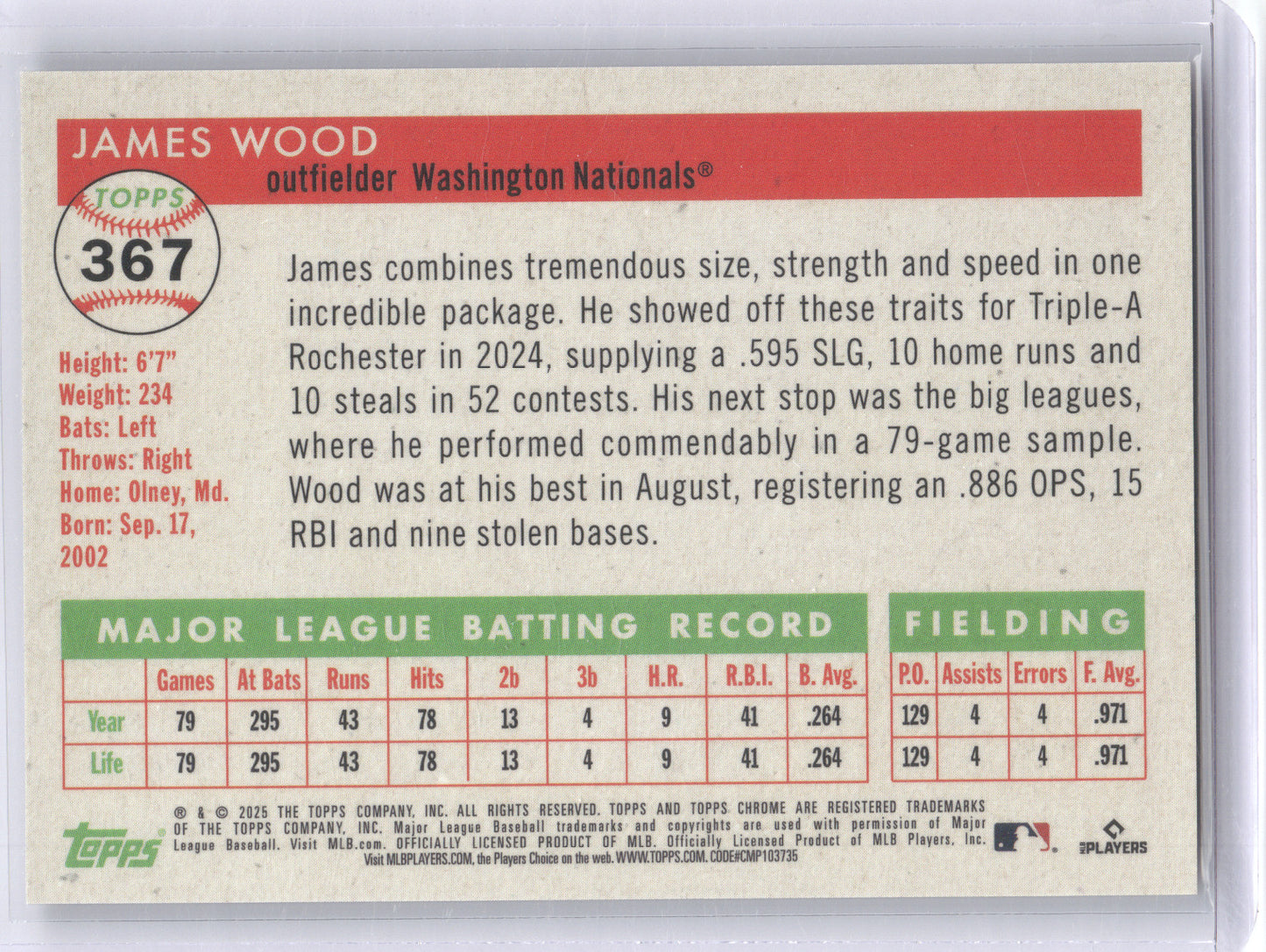 2025 Topps Chrome James Wood #367 Gold Wave RC 29/50