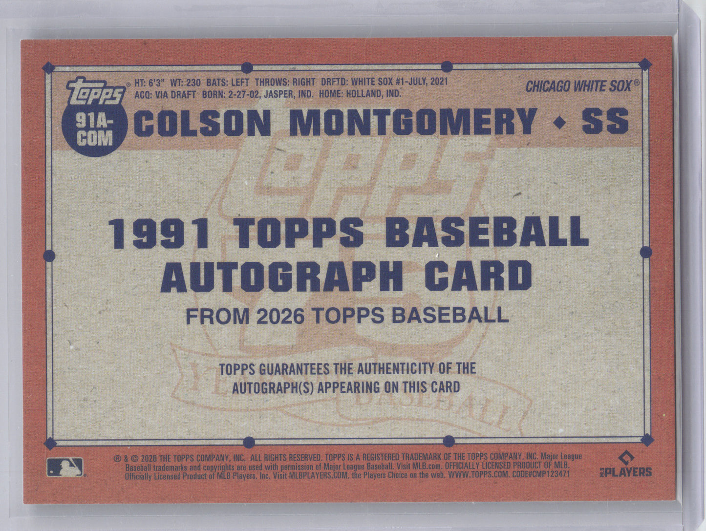 2026 Topps 1991 Topps Baseball Autograph Card Colson Montgomery #91A-COM RC