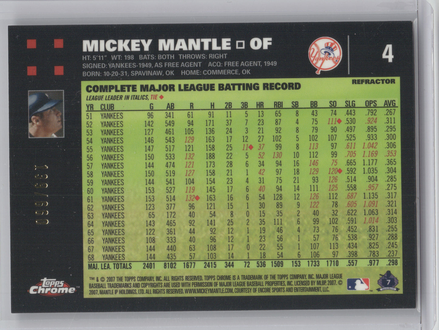 2007 Topps Chrome Mickey Mantle #4 White Refractor 139/660