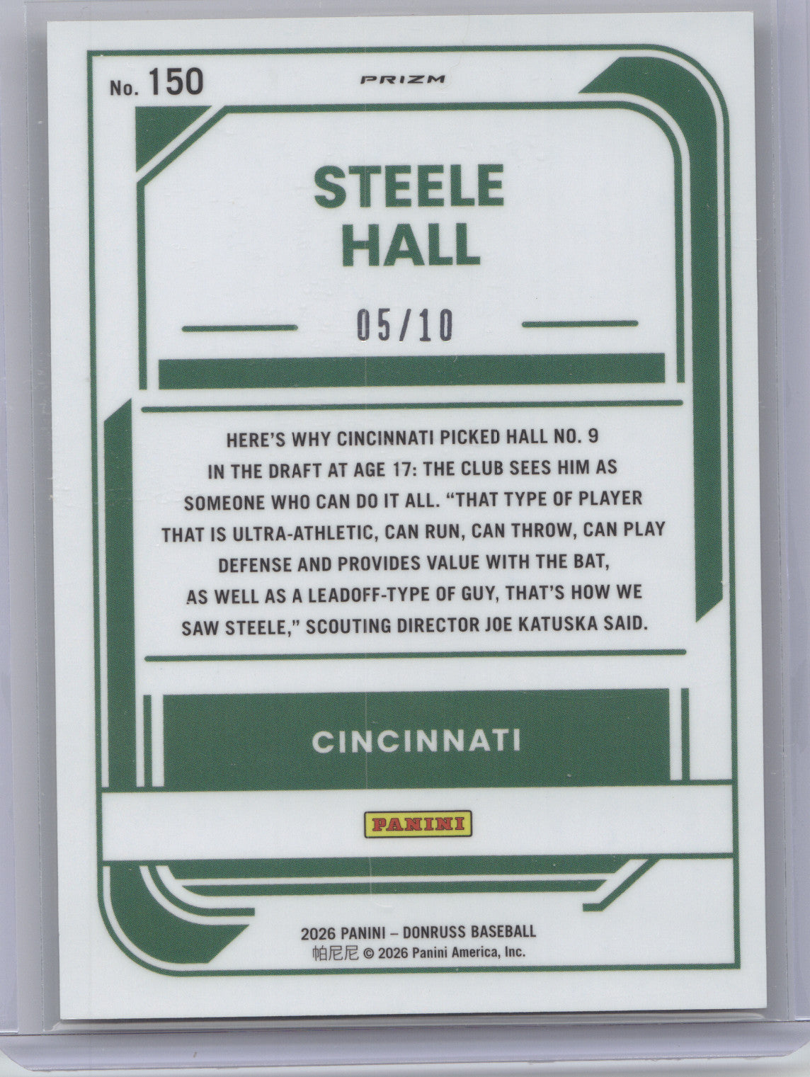 2026 Donruss Optic Rated Prospect Steele Hall #150 Gold Prizm 05/10