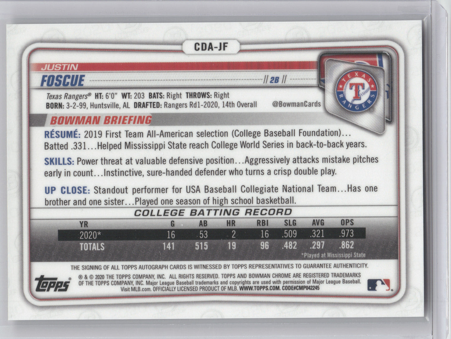 2020 Bowman Chrome Draft Pick Autograph Justin Foscue #CDA-JF Gold Wave 27/50