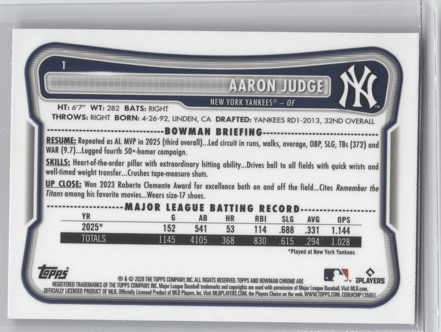 2026 Bowman Chrome Aaron Judge #1 Purple Mojo 084/250
