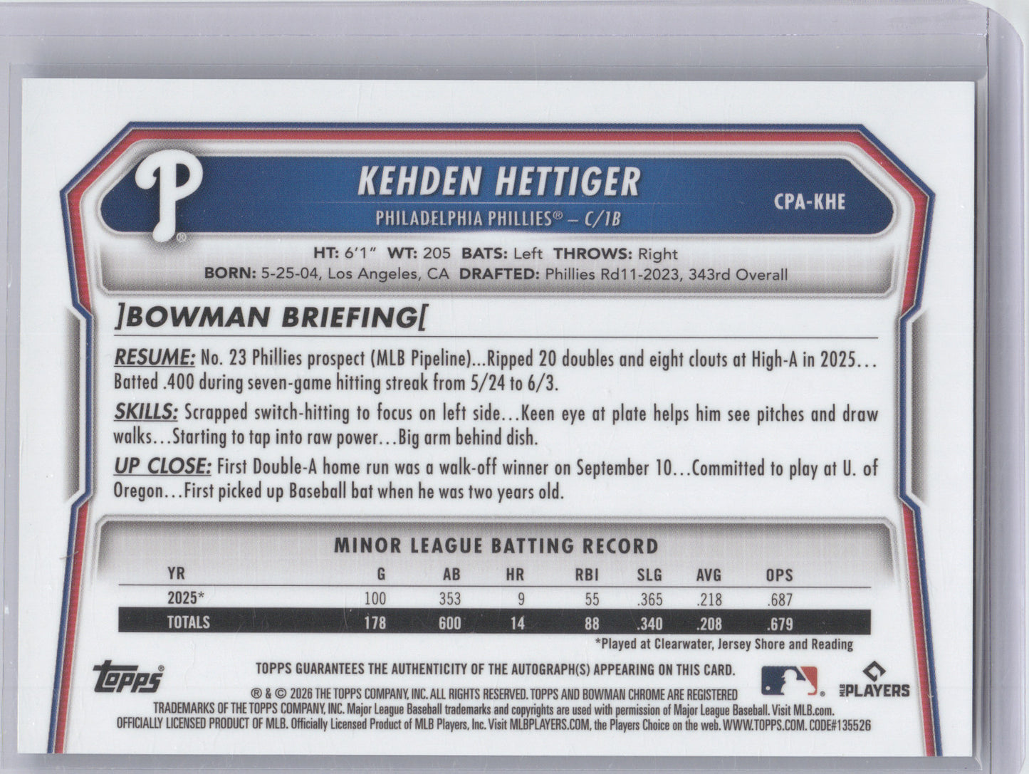 2026 Bowman Chrome Prospect Autograph Kehden Hettiger #CPA-KHE Blue Ref. 020/150