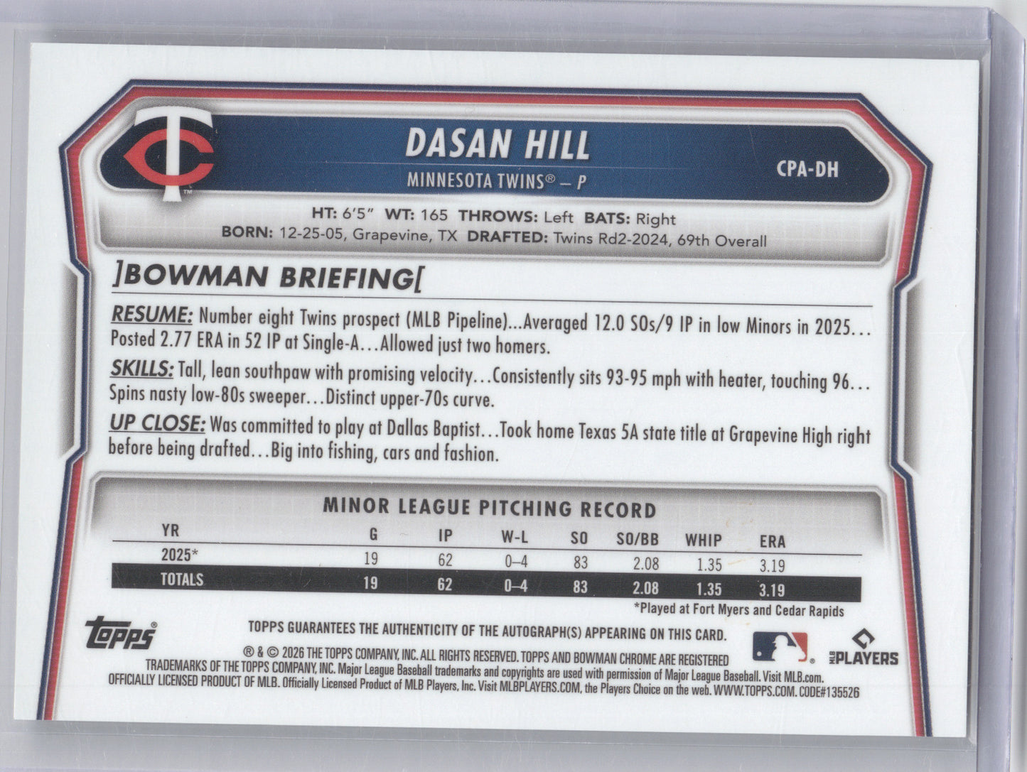 2026 Bowman Chrome Prospect Autograph Dasan Hill #DH Speckle Refractor 119/299