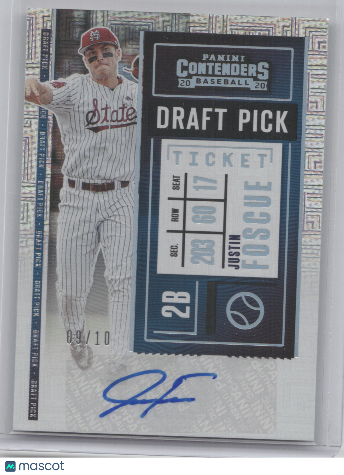 2020 Panini Contenders Baseball Justin Foscue #DPT2-JF Draft Pick Ticket 09/10