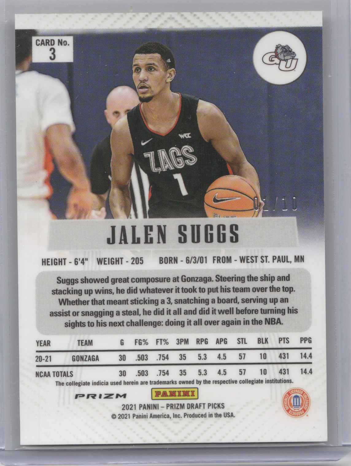 2021 Panini Prizm Draft Picks Jalen Suggs #3 Gold RC 02/10