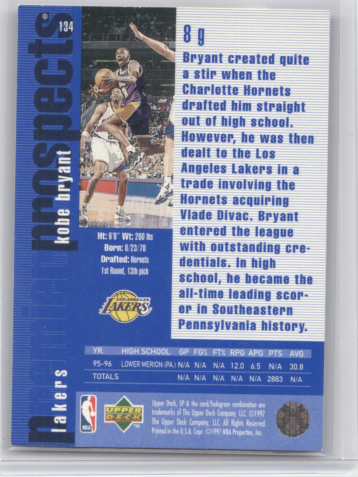 1996 Upper Deck SP Premier Prospects Kobe Bryant #134