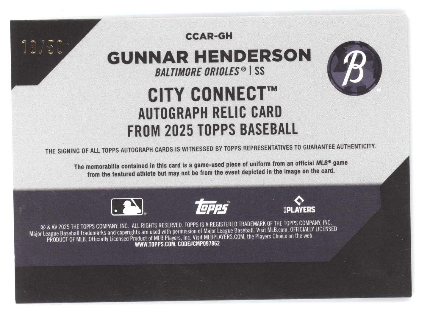 2025 Topps Baseball City Connect Autograph Relic Gunnar Henderson #CCAR-GH 18/50