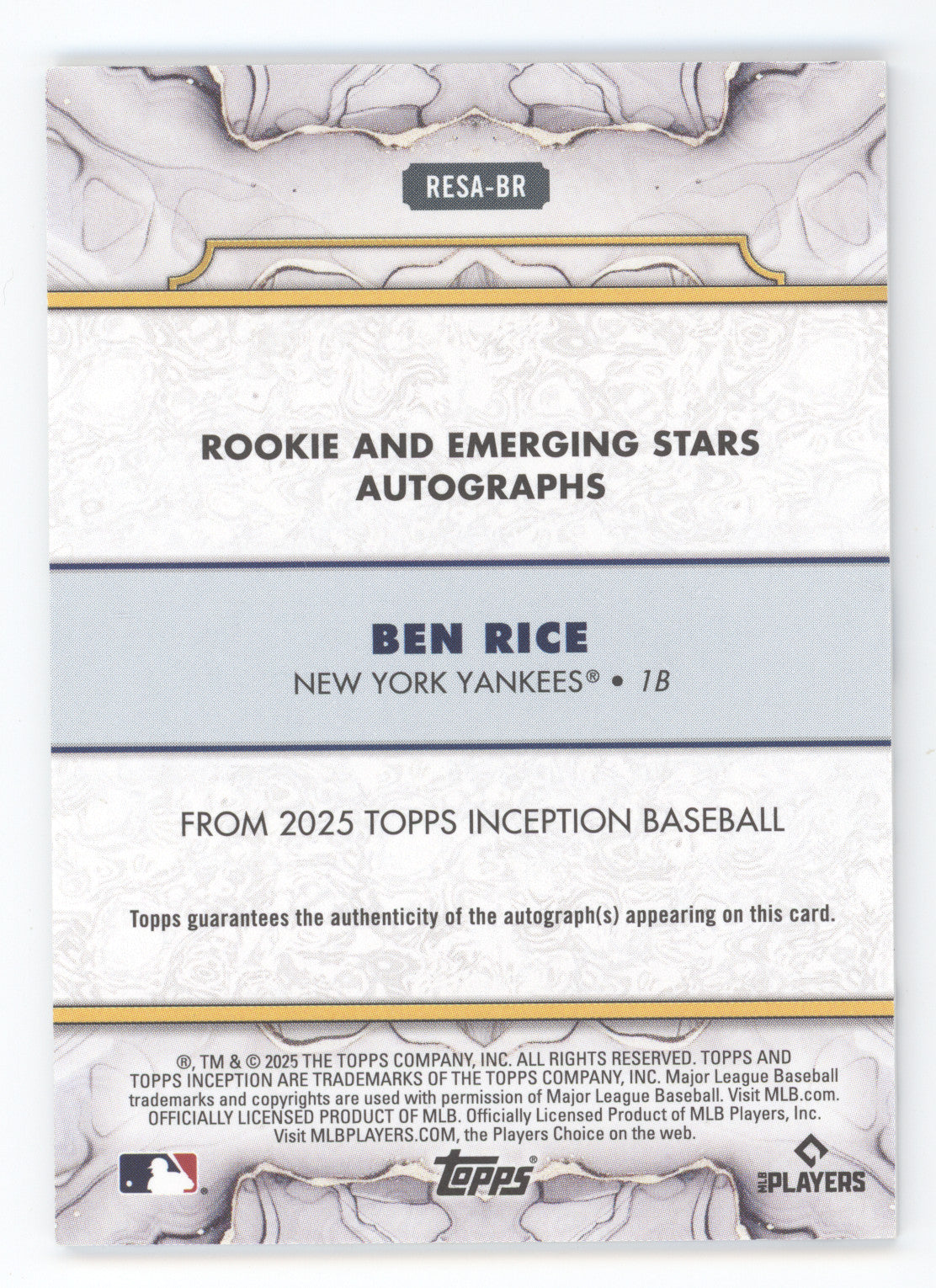 2025 Topps Inception Emerging Stars Autograph Ben Rice #RESA-BR RC 105/149