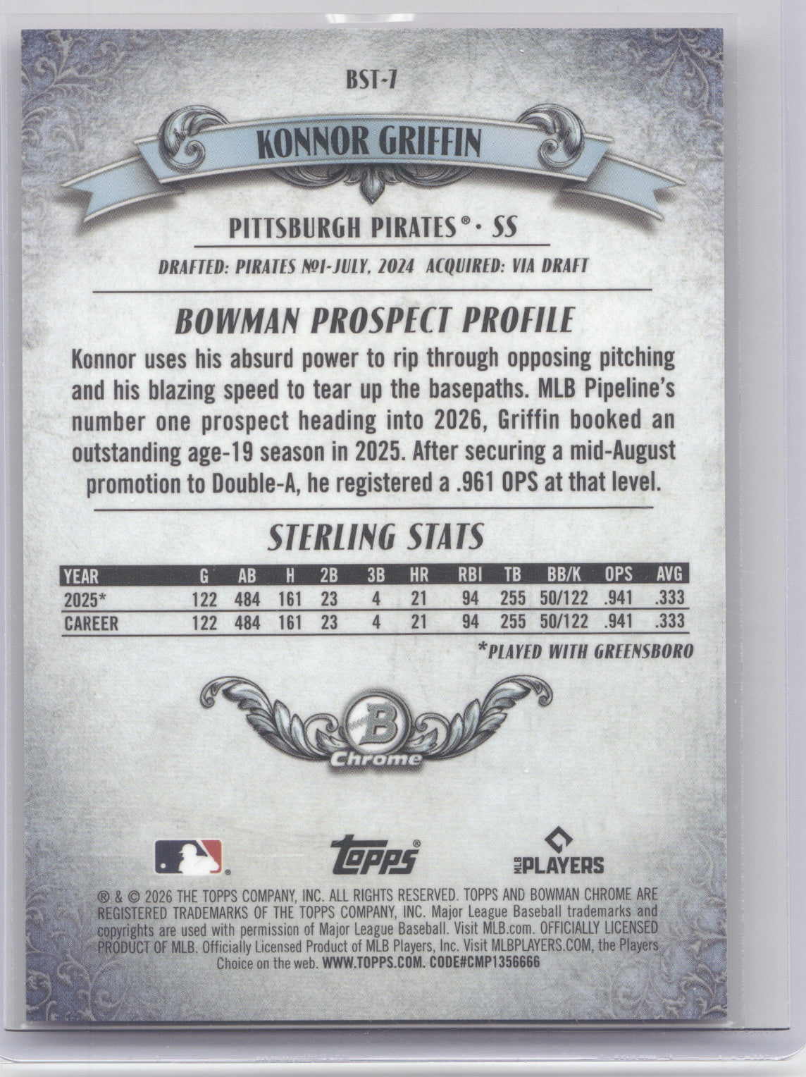 2026 Bowman Sterling Chrome Konnor Griffin #BST-7 Pink Mojo 058/199