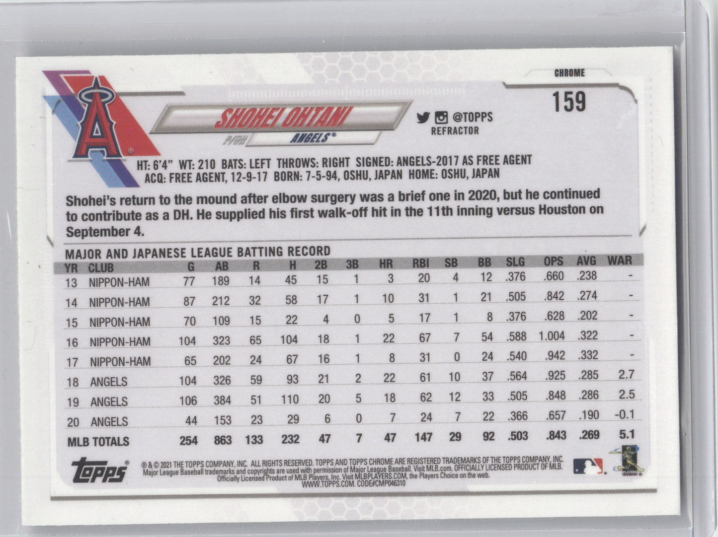 2021 Topps Chrome Shohei Ohtani #159 Sepia Refractor
