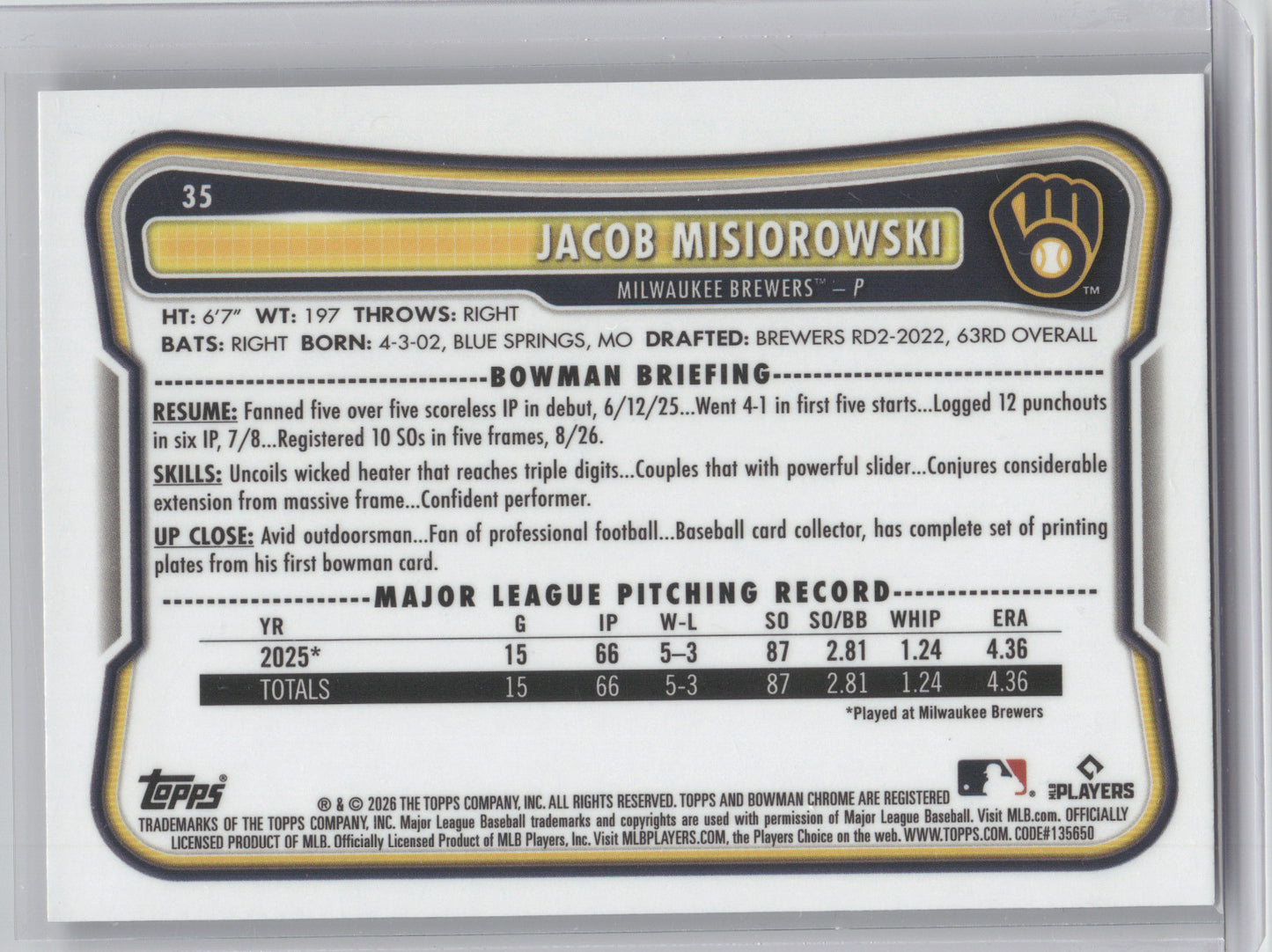 2026 Bowman Chrome Jacob Misiorowski #35 RC