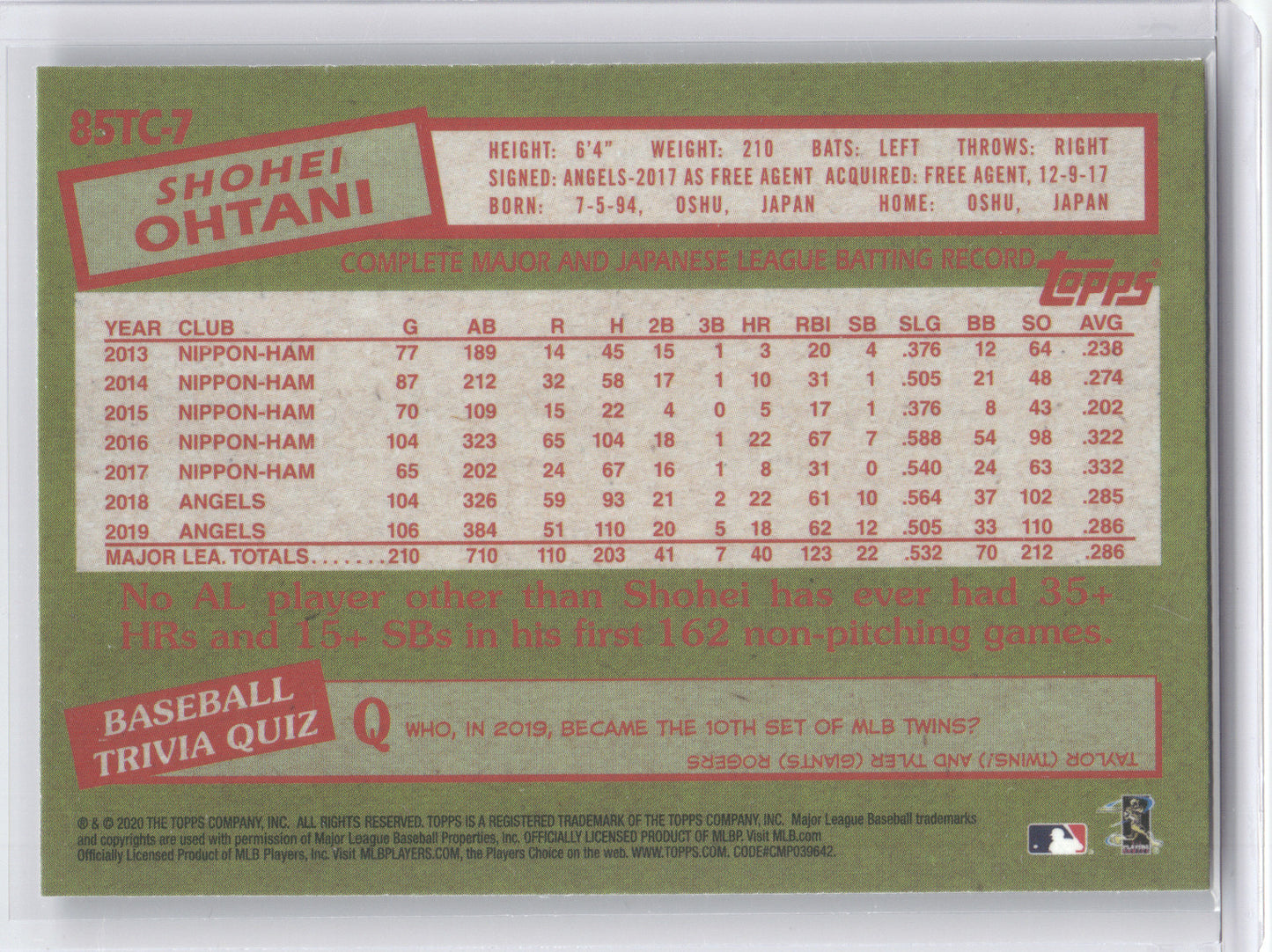 2020 Topps 1985 Topps Baseball Shohei Ohtani #85TC-7