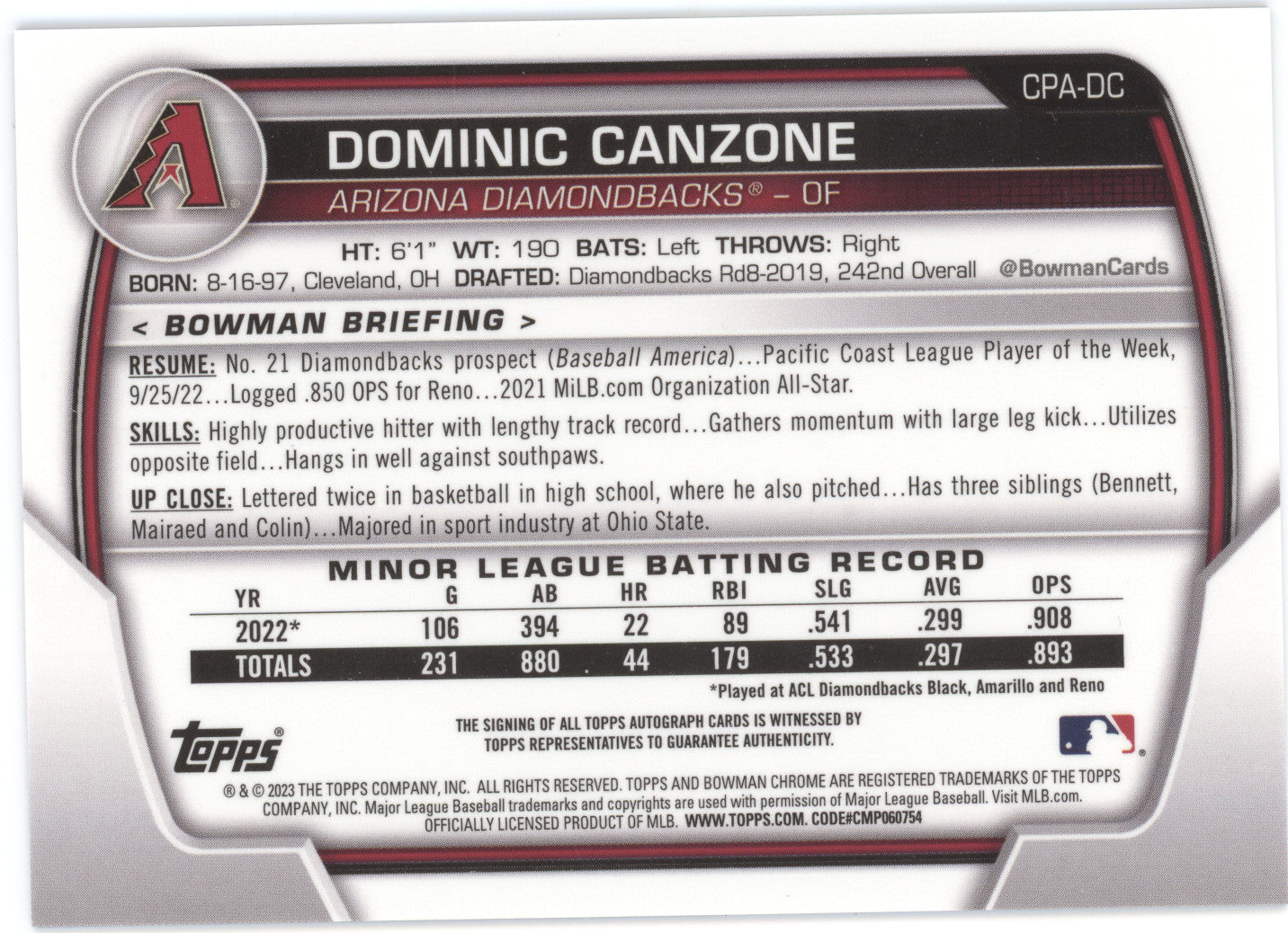 2023 Bowman Chrome Prospect Auto Dominic Canzone #CPA-DC Blue 025/150 1st Bowman
