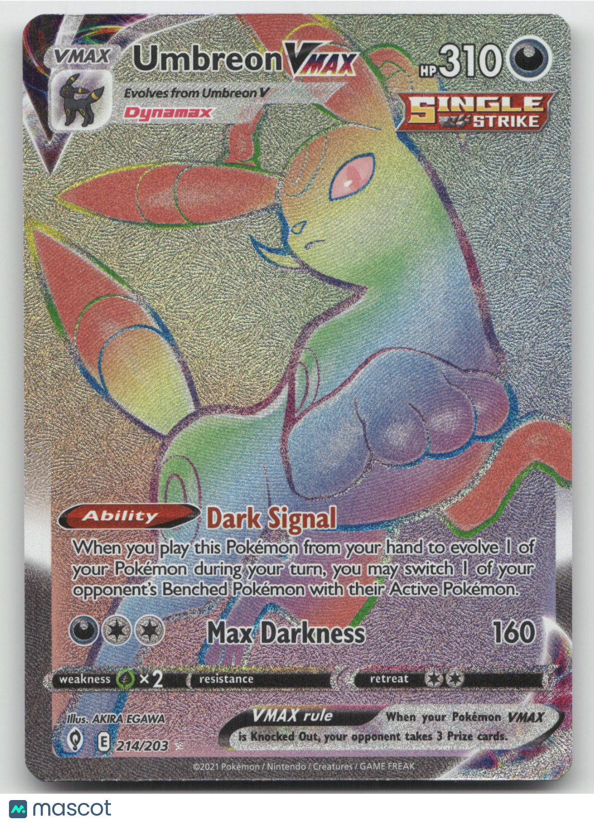 2021 Evolving Skies Umbreon VMAX Rainbow Secret Rare #214/203