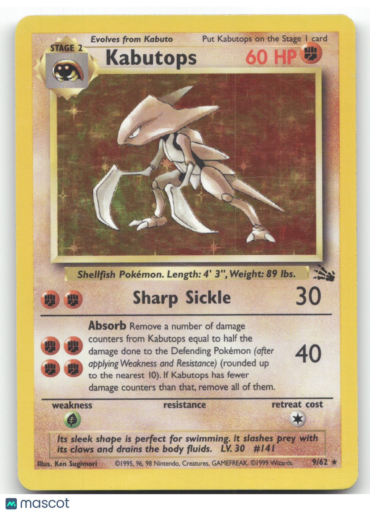 1999 Fossil Kabutops Holo Rare #9/62