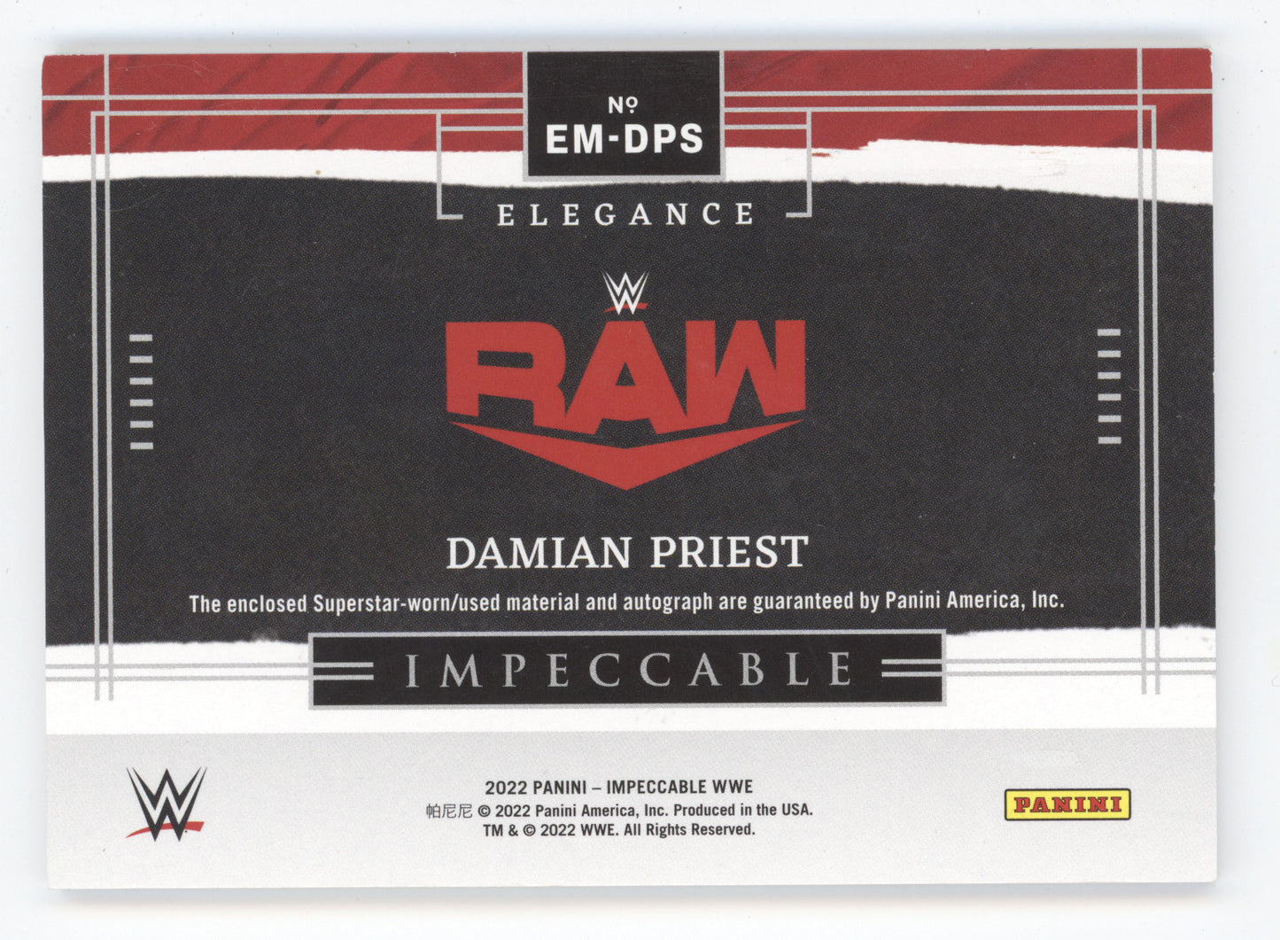 2022 Panini Impeccable WWE Elegance Damian Priest #EM-DPS 99/99 Superstar-worn