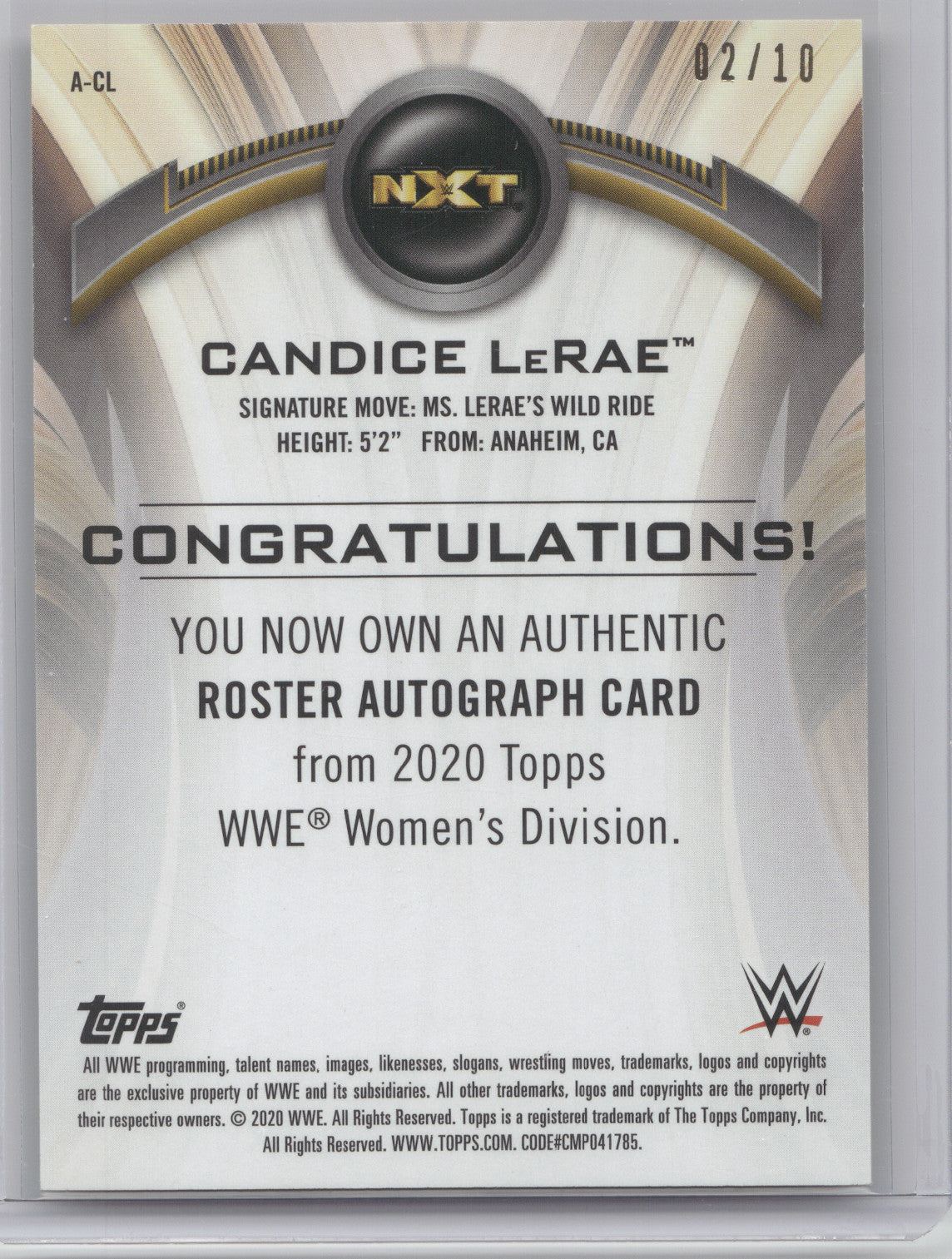 2020 Topps WWE Candice LeRae #A-CL Gold 02/10 Authentic Roster Autograph Card