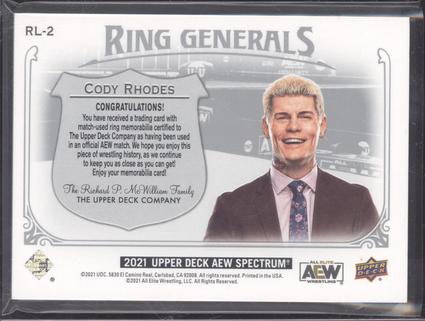 2021 Upper Deck AEW Spectrum Ring Generals Cody Rhodes #RL-2 Triple Relic 42/50