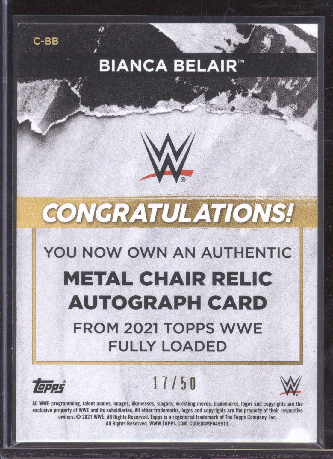 2021 Topps WWE Fully Loaded Bianca Belair #C-BB Metal Chair Autograph 17/50