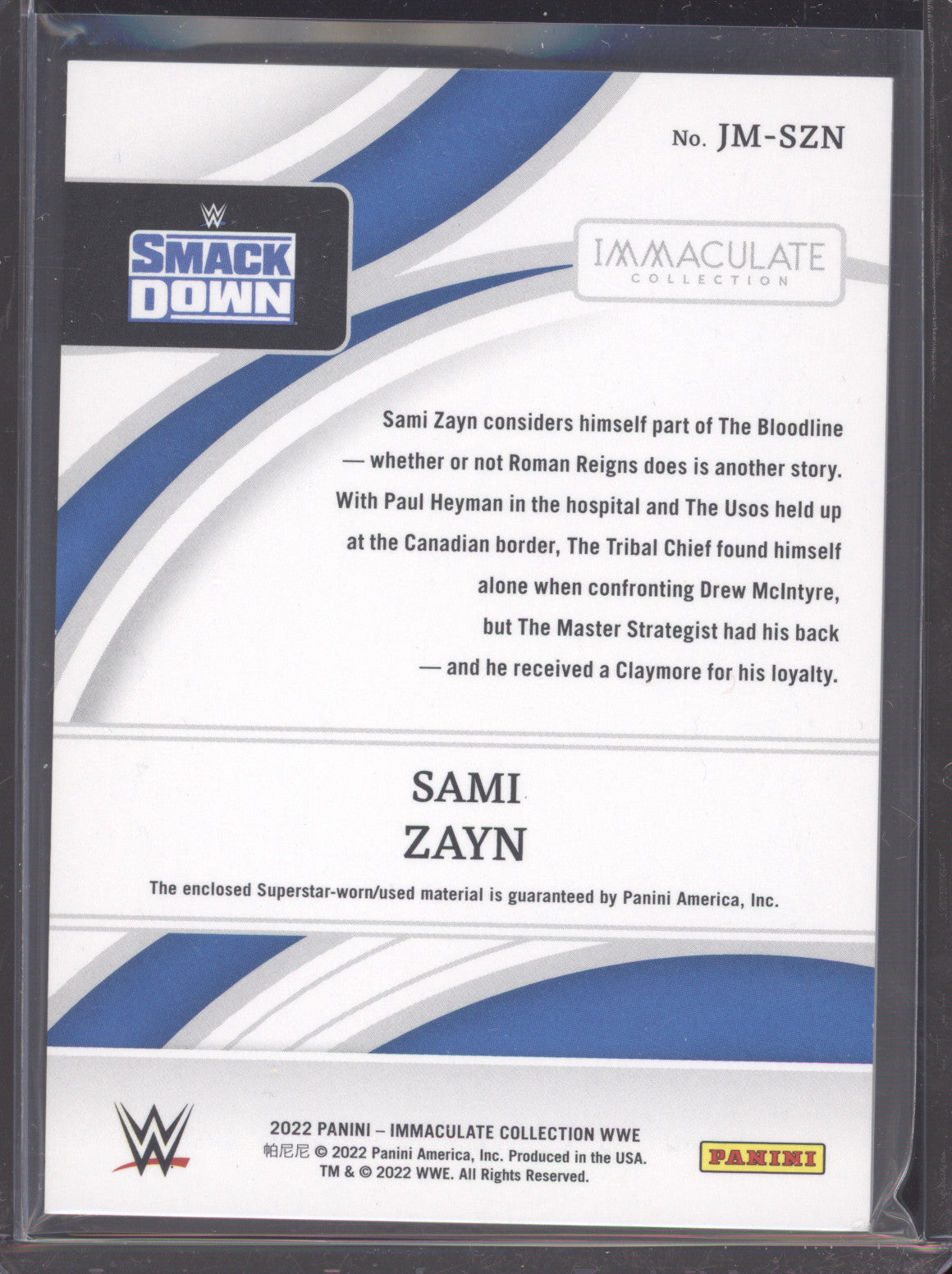 2022 Panini Immaculate Collection WWE Sami Zayn #JM-SZN Superstar-worn 50/50