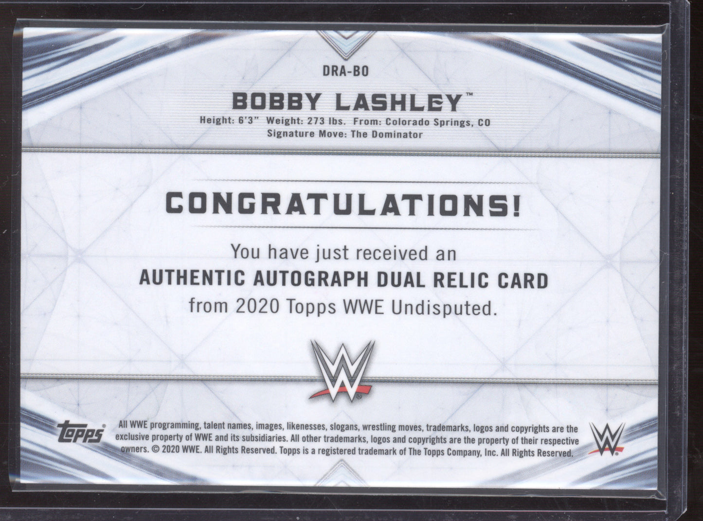 2020 Topps WWE Undisputed Bobby Lashley #DRA-BO 11/99 Dual Relic Auto