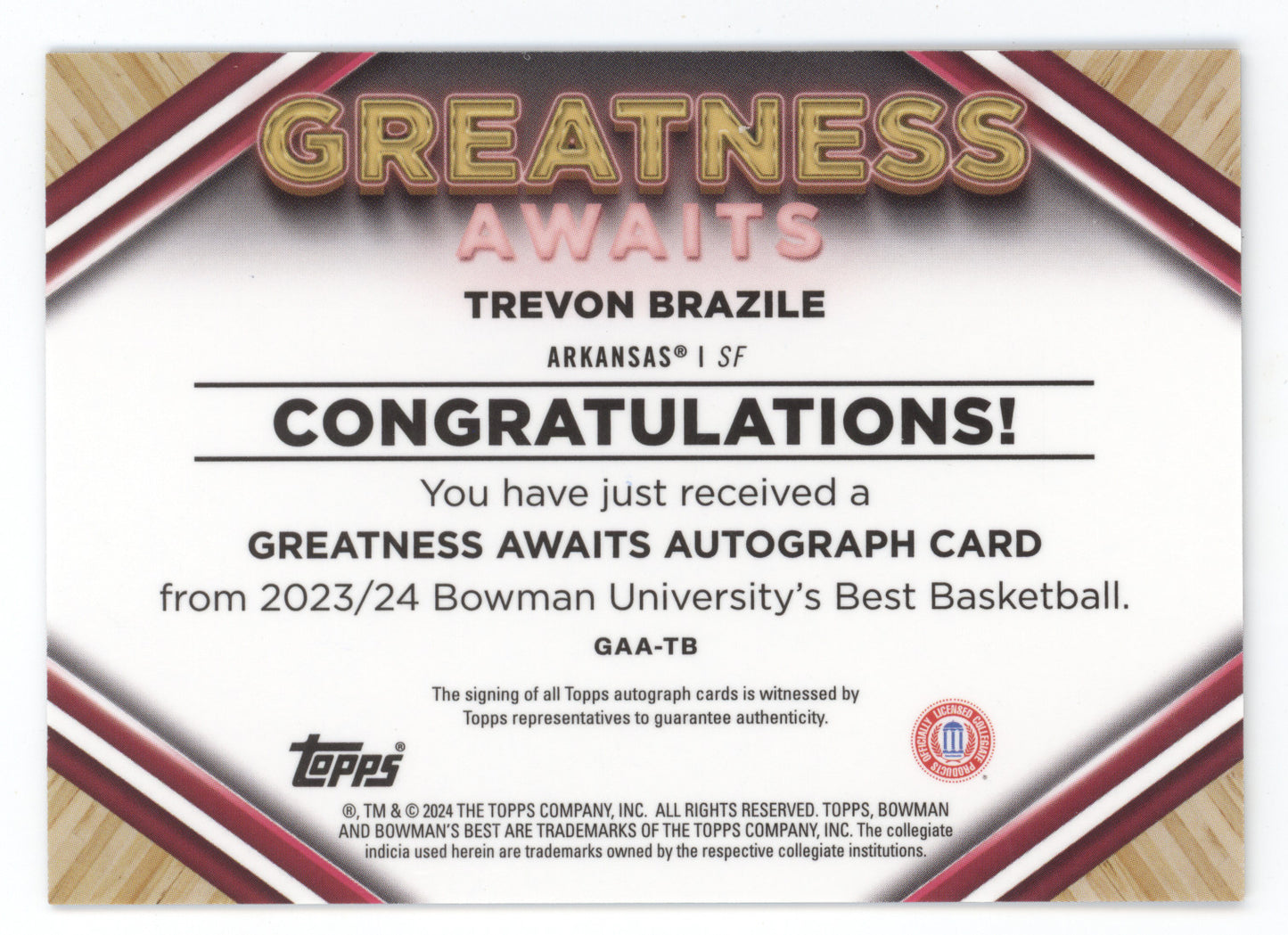 2023 Bowman U Best Greatness Awaits Trevon Brazile #GAA-TB Red Geometric 04/10