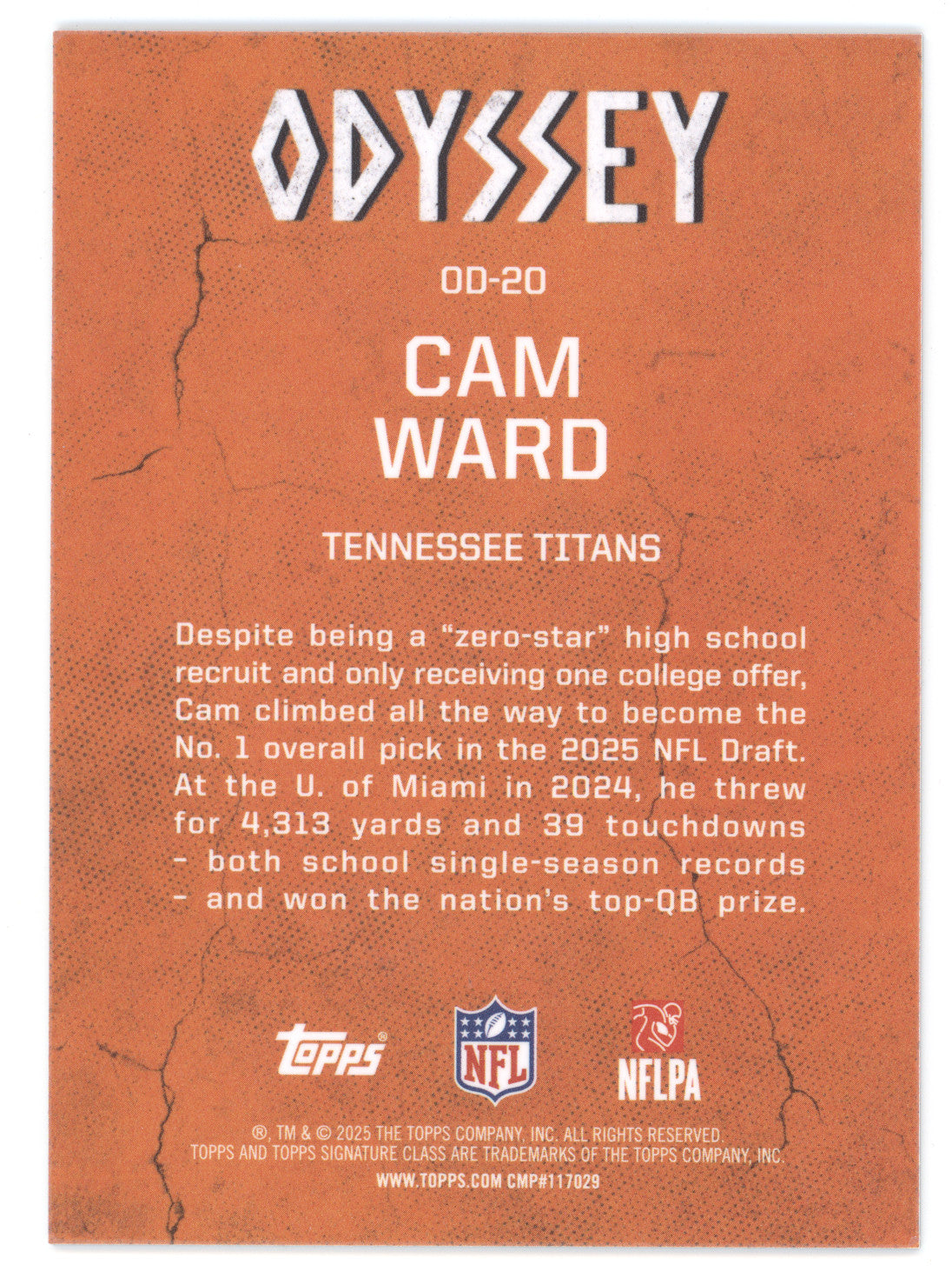 2025 Topps Signature Class Odyssey Cam Ward #OD-20 RC