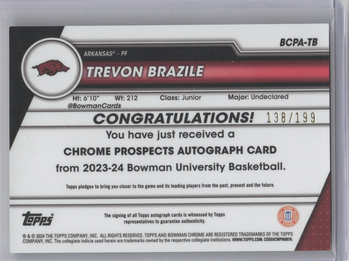 2023 Bowman University Chrome Prospect Autograph Trevon Brazile #BCPA-TB 138/199