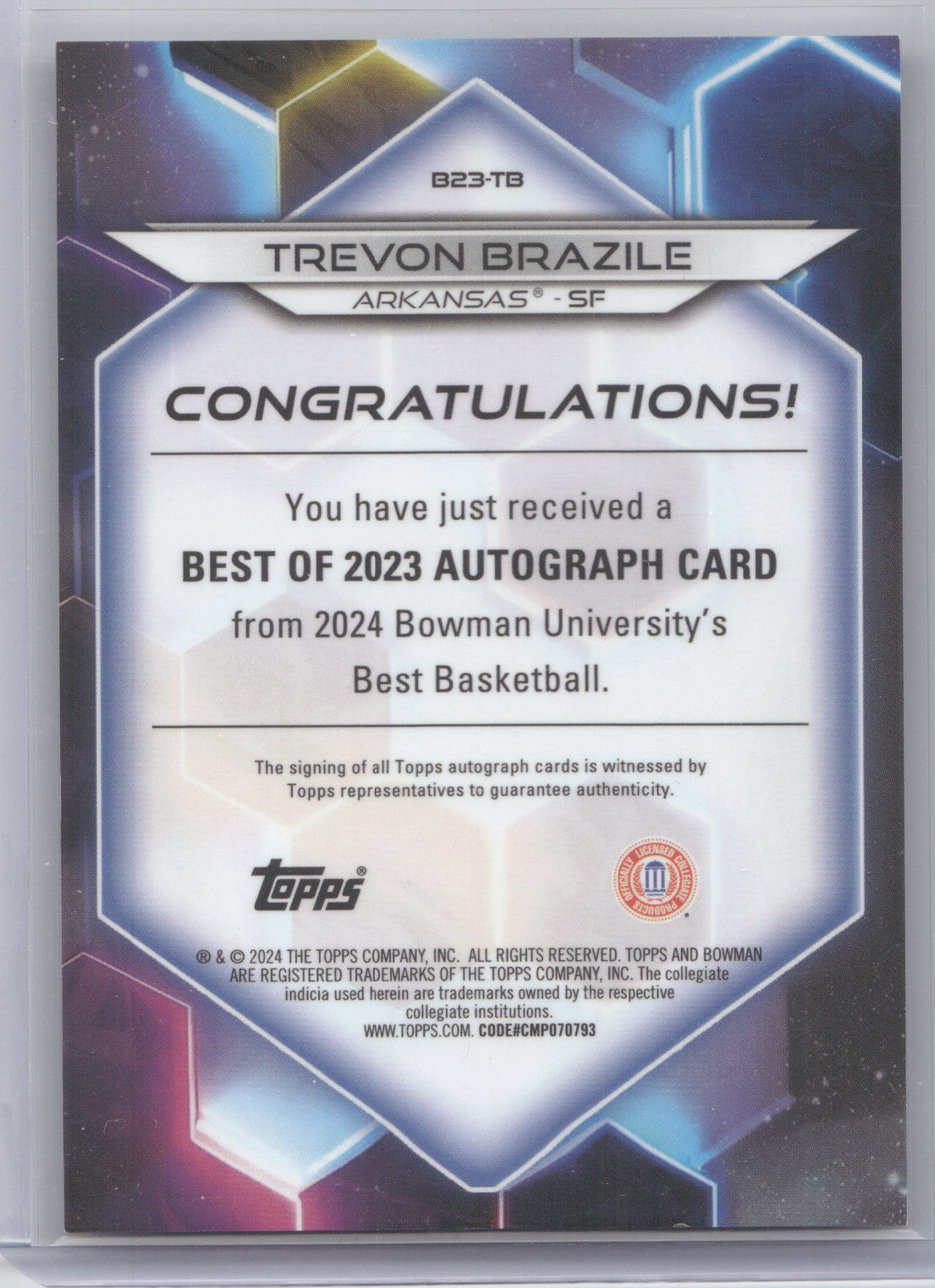 2024 Bowman University Best of 2023 Autograph Trevon Brazile #TB Purple 076/125