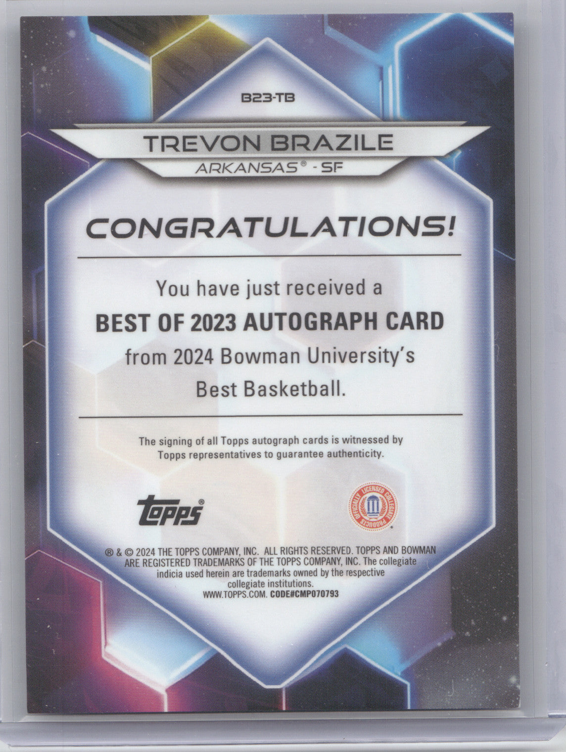 2024 Bowman U Best of 2023 Autograph Trevon Brazile #B23-TB Purple 017/125