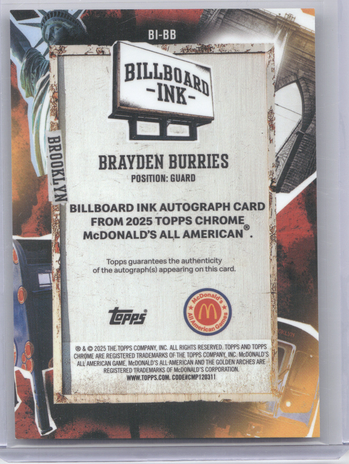 2025 Topps McDonald's All American Billboard Ink Brayden Burries #BB Logo 69/75