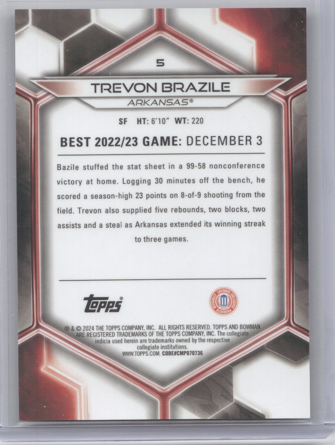 2023 Bowman University Best Trevon Brazile #5 Orange Geometric 10/25