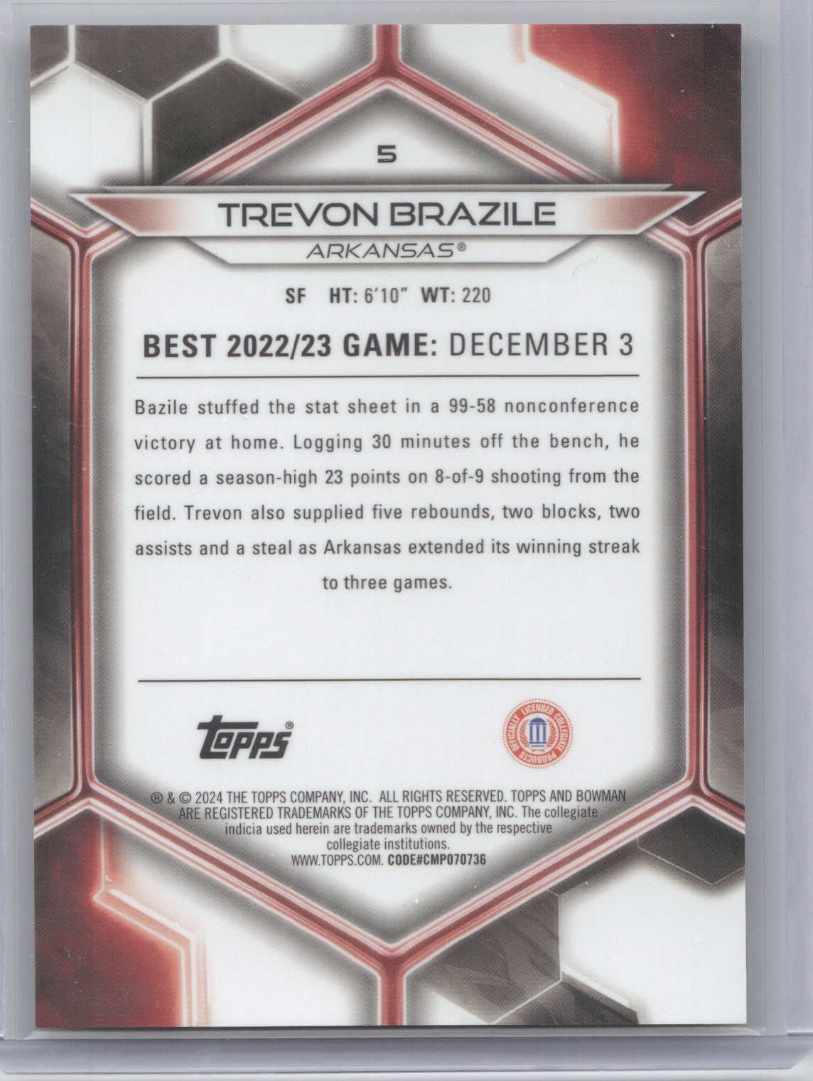 2023 Bowman University Best Trevon Brazile #5 Gold Geometric 40/50