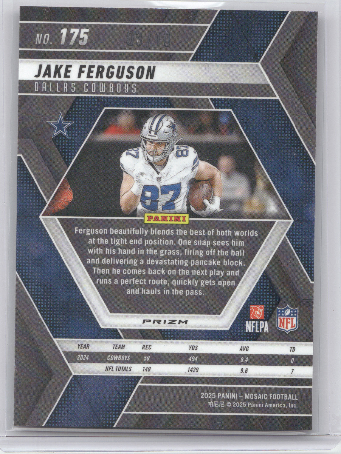 2025 Panini Mosaic Football Jake Ferguson #175 Pink Fluorescent 03/10