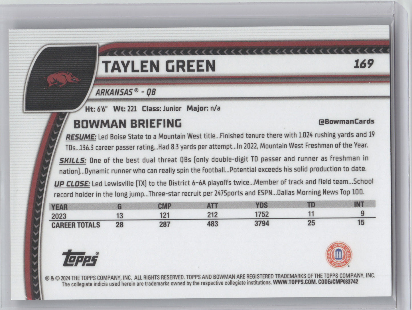 2024 Bowman Chrome University Taylen Green #169 Black White Stealth 18/48