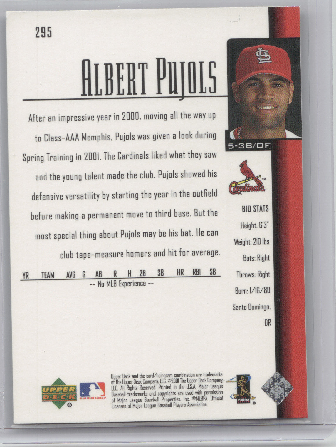 2001 Upper Deck Albert Pujols #295 RC