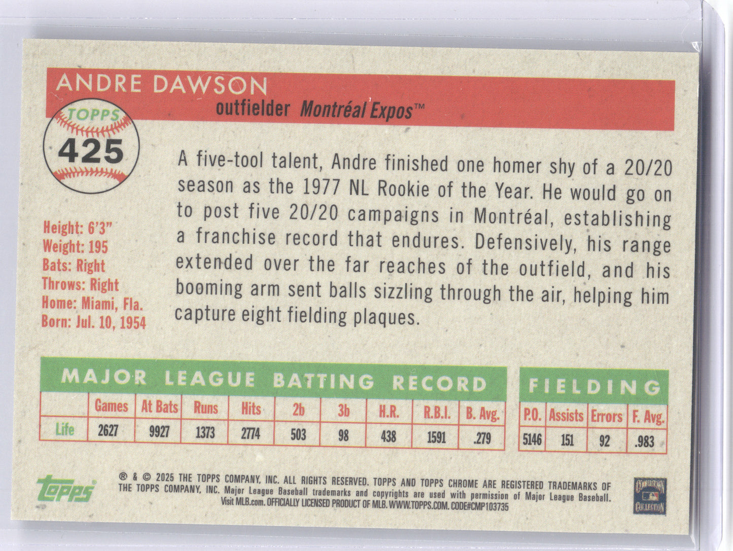 2025 Topps Chrome Platinum Andre Dawson #425 Gold Wave 21/50