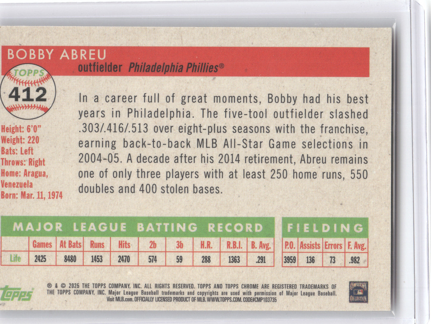 2025 Topps Chrome Platinum Bobby Abreu #412 Orange Wave 04/25