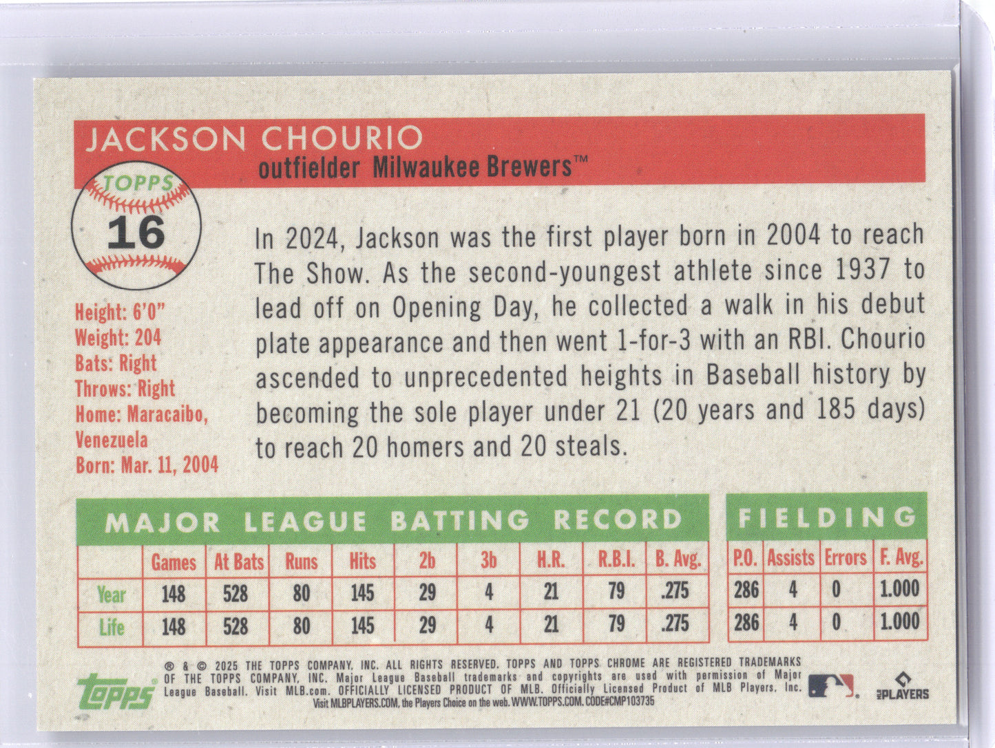 2025 Topps Chrome Platinum Jackson Chourio #16 Gold Refractor 24/50