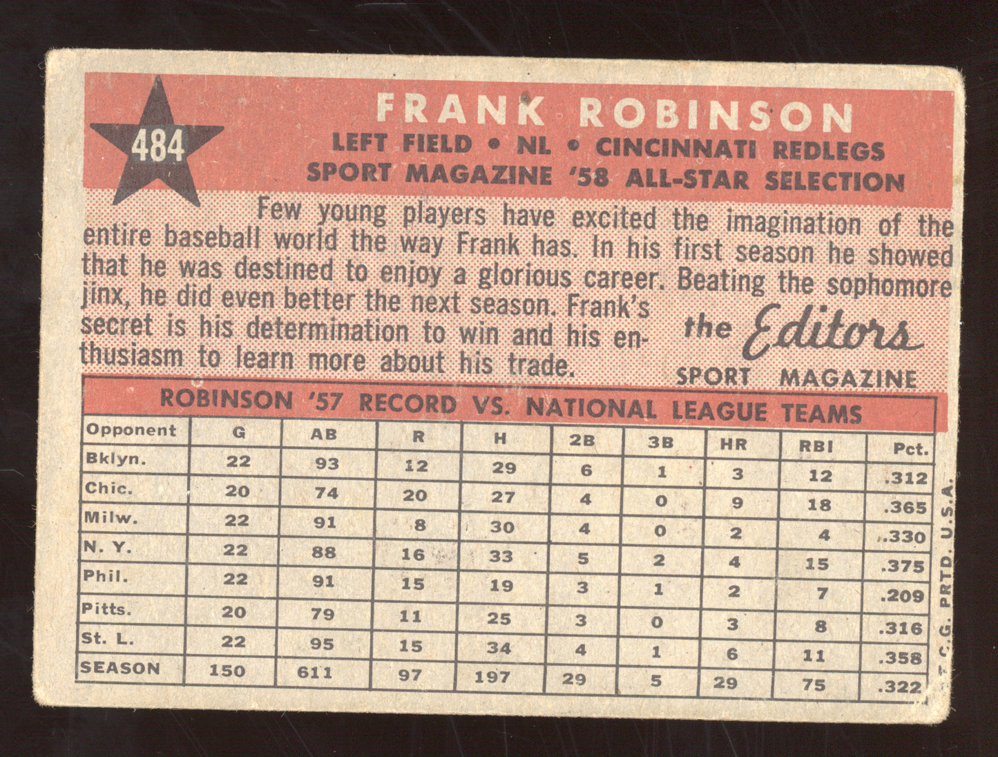 1958 Topps Sport Magazine All-Star Selection Frank Robinson #484