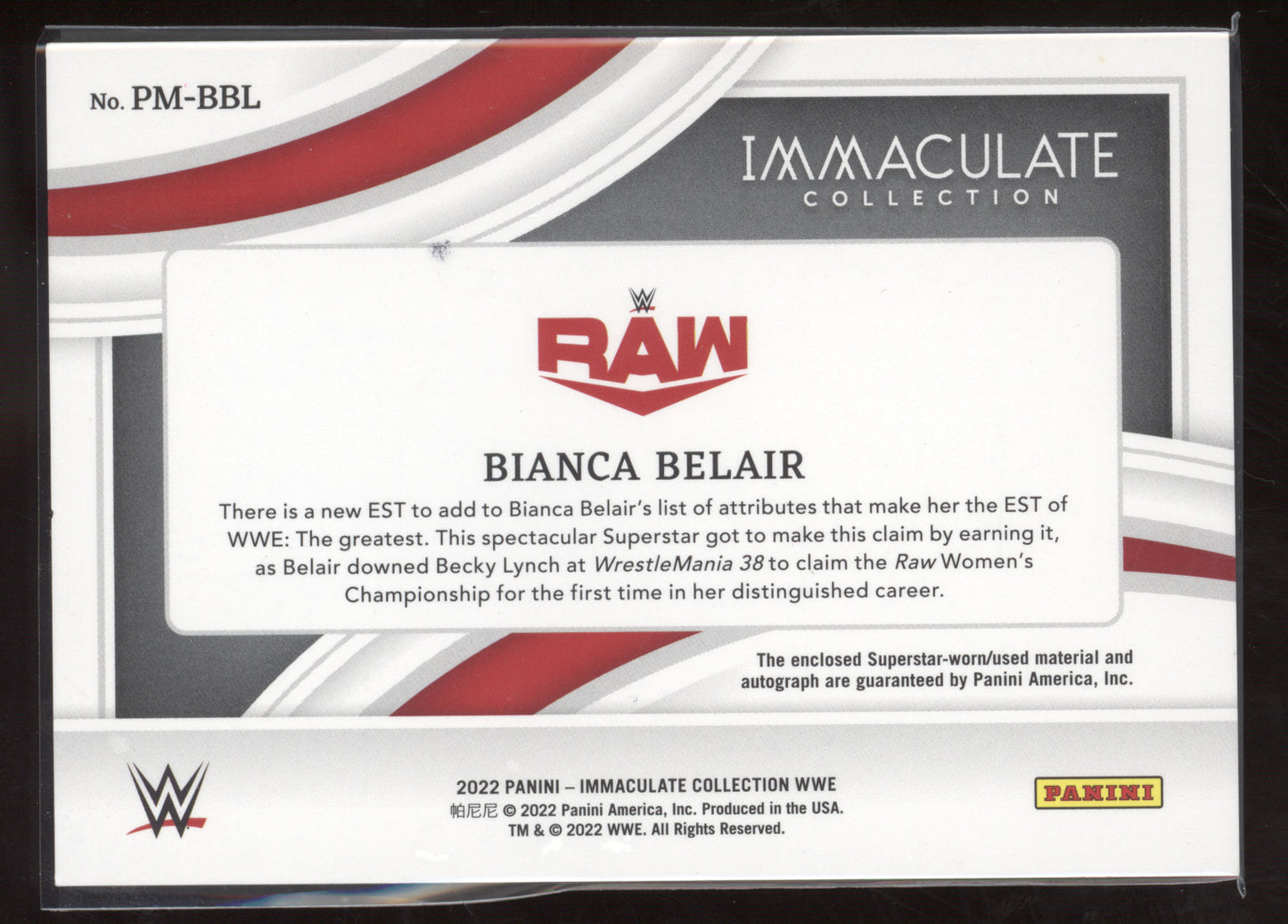 2022 Panini Immaculate Collection WWE Bianca Belair #PM-BBL 09/99 Superstar-worn