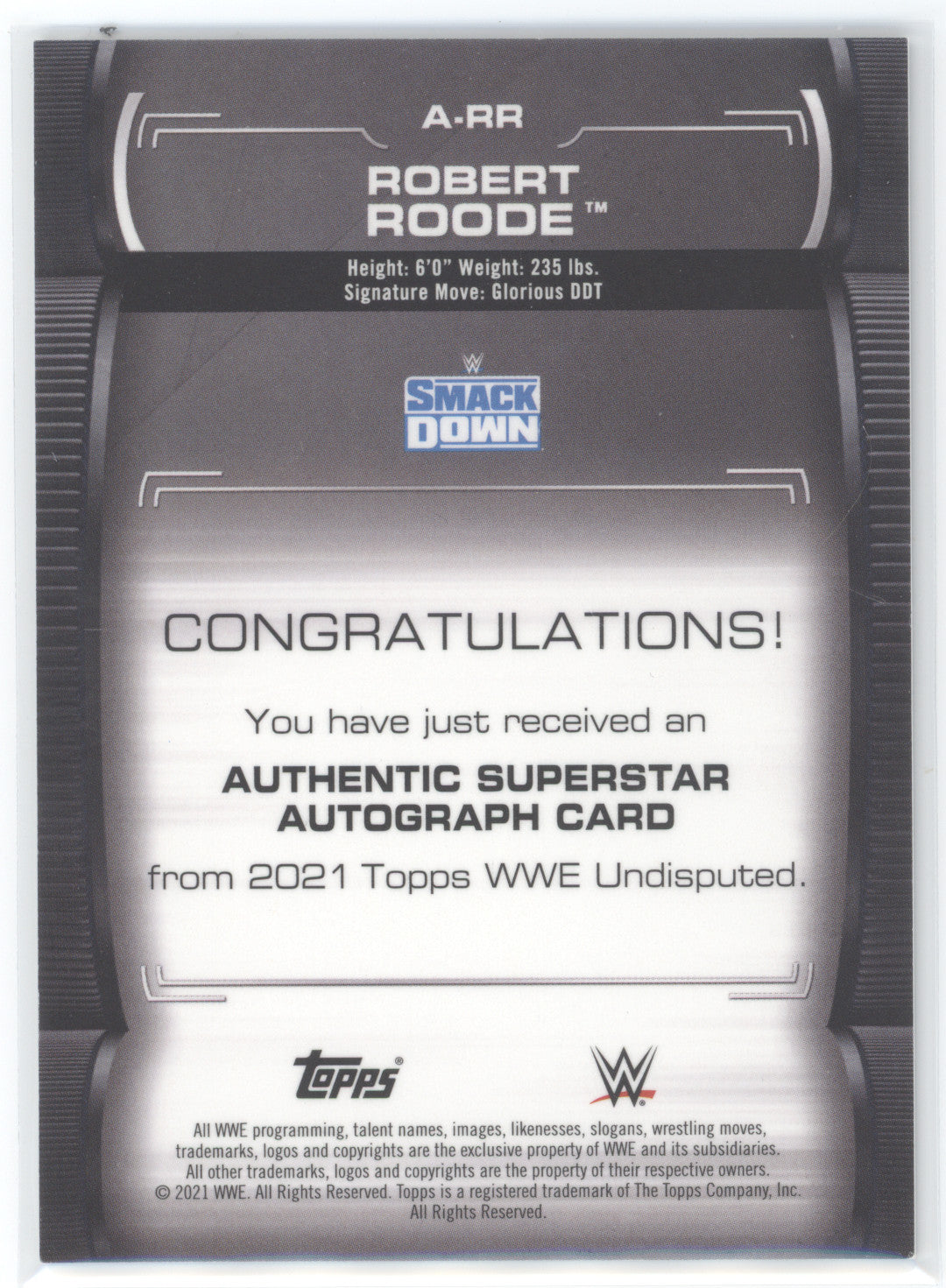 2021 Topps WWE Undisputed Robert Roode #A-RR Authentic Superstar Autograph Card