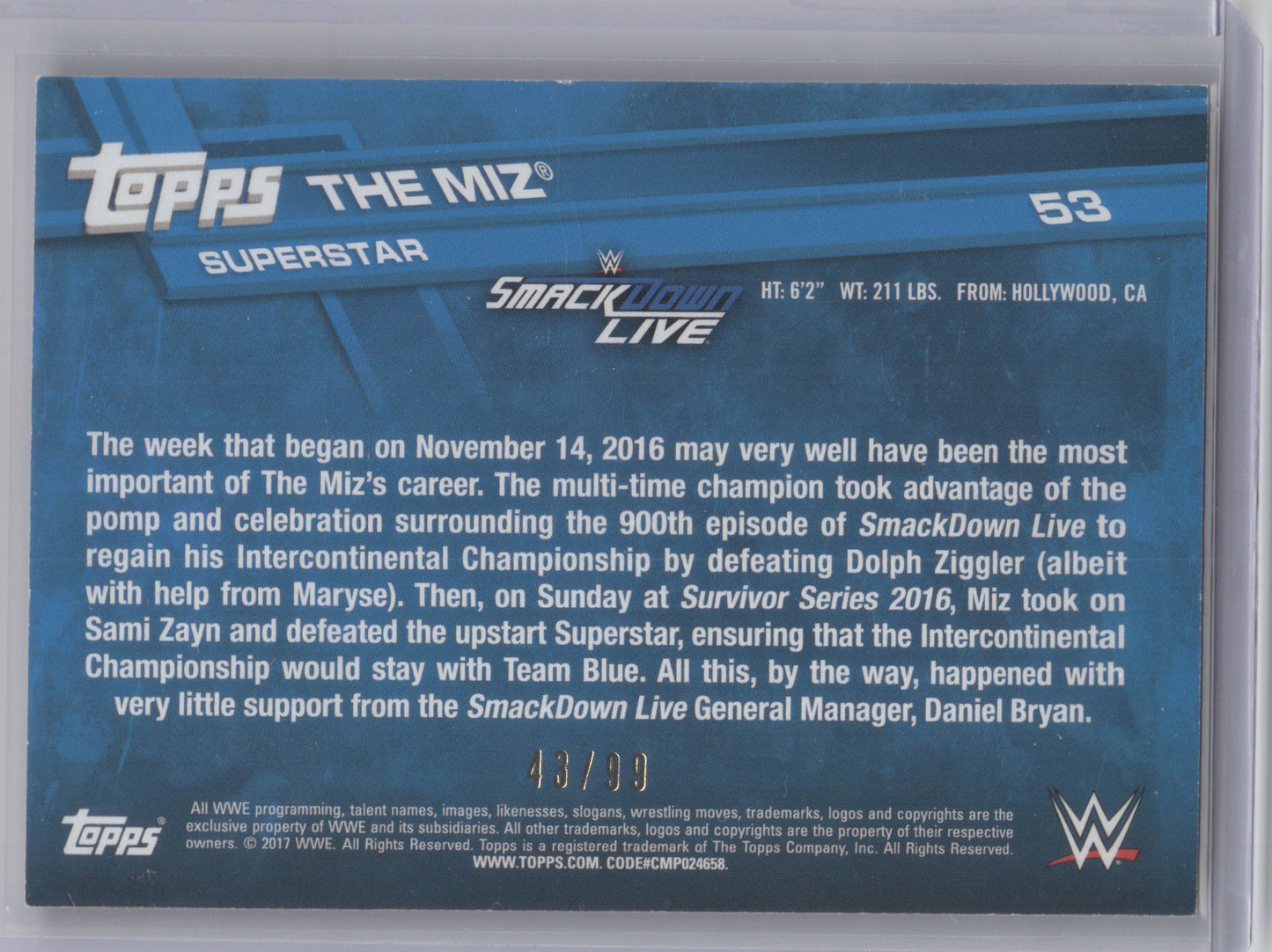 2017 Topps WWE SmackDown Live Autograph The Miz #53 43/99