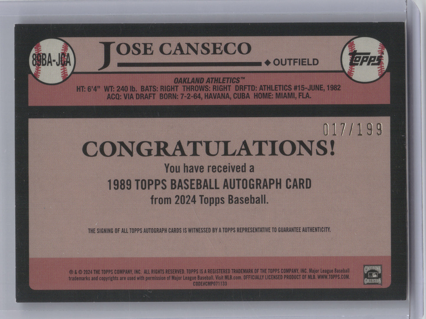 2024 Topps 1989 Topps Autograph Card Jose Canseco #89BA-JCA Black Border 017/199