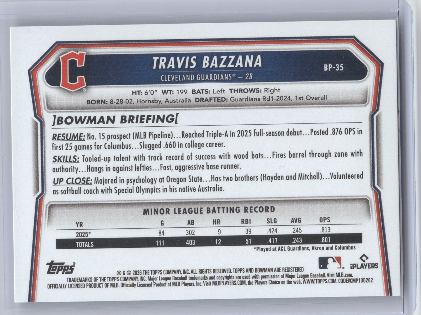 2026 Bowman Paper Prospect Travis Bazzana #BP-35 Logo Pattern